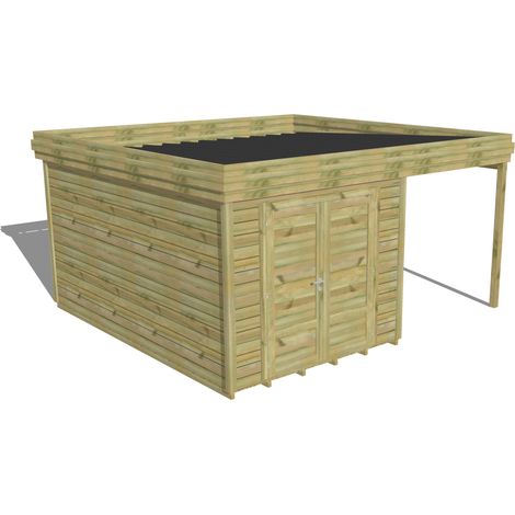ABRI DE JARDIN bois Pin autoclave 27mm - 4,64x4,34m / 20,1m2 - Bac acier - Plancher bois (1/5)