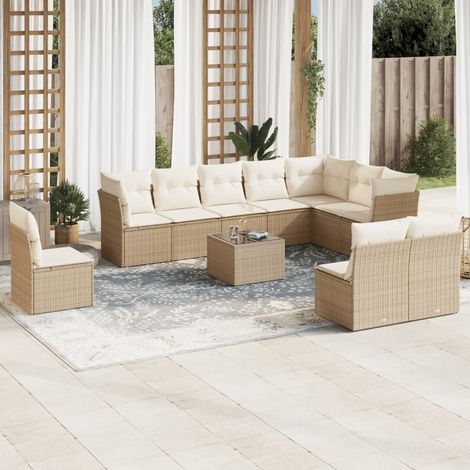 Salon de jardin modulable 11 pièces en résine tressée beige avec coussins crème et table en verre trempé (1/3)