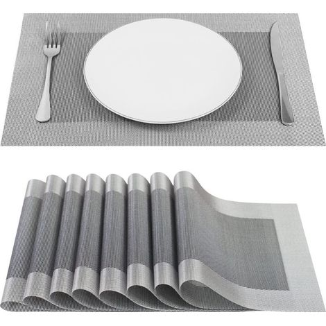 Lot de 8 Sets de Table Vinyle Résistant à l'usure à la Chaleur, Tissées pour Napperons de Cuisine 45 cm 30 cm, Gris (1/5)