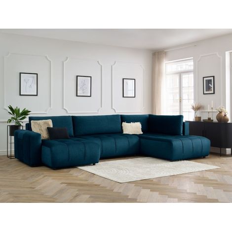 BOBOCHIC - Canapé panoramique convertible coffre ARSENE tissu velours Angle gauche Bleu (1/5)