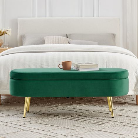 Banc multifonction rangement vert velours bois massif pied métal 110x40x42 20L entrée salon chambre (1/5)