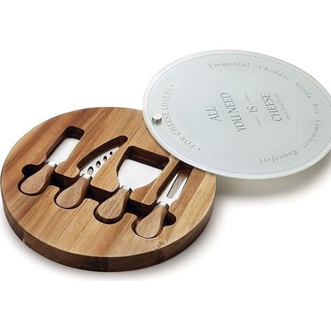 Juego de cuchillos para queso fabricada en robusta madera de acacia, incluye soporte de cristal con un diámetro de 25 cm