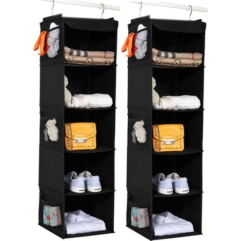 Organisateur De Placard Suspendu - 5 Étagères - 6 Poches Latérales - Tissu Renforcé Avec Carton Rigide - 109 x 30 x 30 cm - Noir - 2 Pièces (1/5)