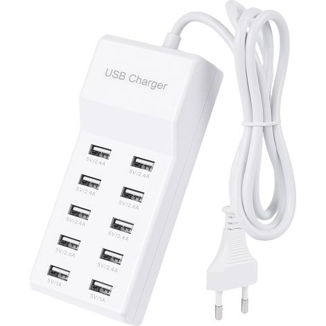 Chargeur USB Multiple 10 Ports 50W – Station de Charge USB Multi Appareils, Hub USB avec Adaptateur Secteur, Multi Chargeur USB pour iPhone Samsung Xiaomi Huawei Tablette, Blanc (1/5)