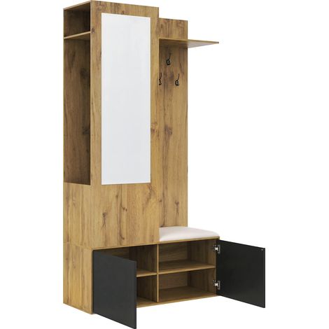 Mueble de entrada con espejo, zapatero, 5 ganchos y banco, MDF negro y natural MODENUIT (1/5)