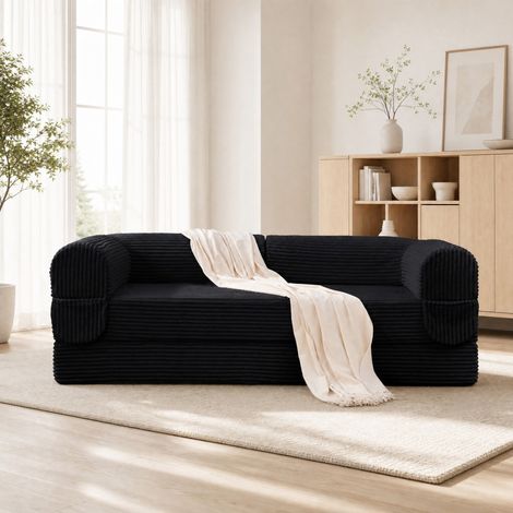 Sofá cama 2 plazas de tejido acanalado negro, con espuma de alta densidad OKMYHOME (1/5)