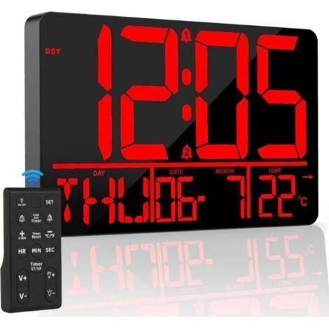 13'' Horloge Numérique Calendrier Murale Grande avec Télécommande, avec Température/Date/Jour(8 Langues)/2 Réveils/25 Sonneries, LED à Luminosité Réglable(Rouge) (1/4)