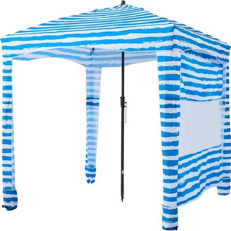 Cabane de plage, 1,83 x 1,83 m, avec parois latérales, protection UPF 50+, montage facile, poches à sable, parasol portable à rayures bleues, idéal pour toute la famille et les amis. (1/5)