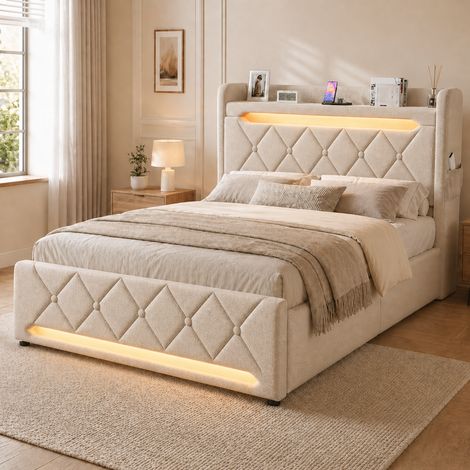 Lit coffre 140x190 - lit double compact avec rangement 3 niveaux, LED 360°, 3 USB + USB-C, lin - beige (1/5)