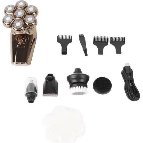 Tondeuse à barbe électrique 5 en 1 avec 7 têtes en D, sans fil et rechargeable, kit de soin pour hommes, utilisable sur peau sèche ou humide, crâne dégarni