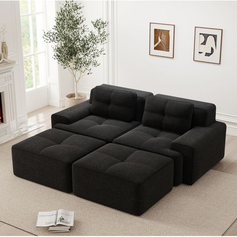 Divano modulare 2 posti profondità seduta 74 cm nero in velluto a coste senza montaggio (1/5)