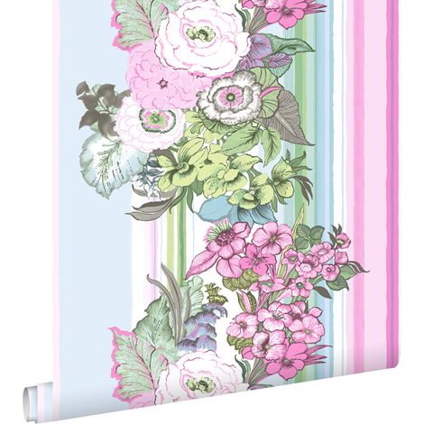 papier peint fleurs vintage rose clair et turquoise  - ESTAhome
