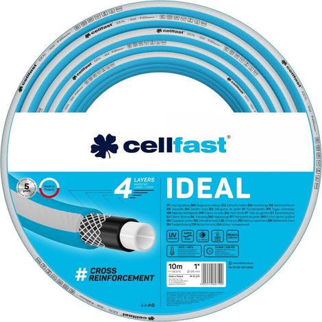 Cellfast Manguera de jardín IDEAL, Duradera, Flexible, 4 Capas, Trenzada Cruzada Duradera, Resistente a los rayos UV y a las algas, Tecnología REACH, 27 Bar, -20/60 ° C Temperatura 1", 10 m