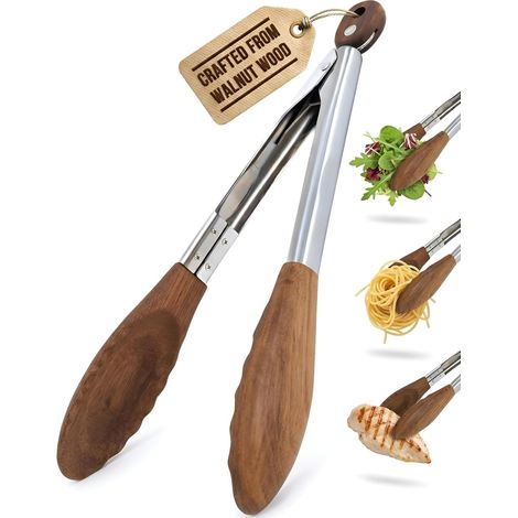 30 cm Küchenzange aus Walnussholz – Antihaftbeschichtete Holzzange zum Kochen, Grillen und Servieren, Spitzen aus natürlichem Walnussholz, verstärkt mit Edelstahl (1/5)