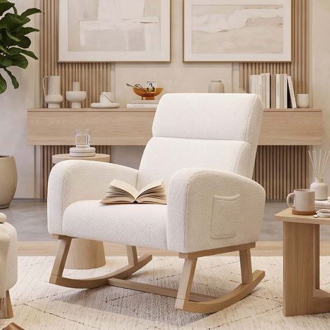 Creahappy Fauteuil à Bascule en Bouclette Blanche 69x78,5x87 cm - Chaise Berçante Confort avec Poches et Pieds en Bois Massif (1/5)