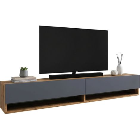Dmora - Mobile porta TV Compasso, Credenza da soggiorno, Armadio basso per TV, Base parete attrezzata, 180x32h29 cm, Quercia e Antracite