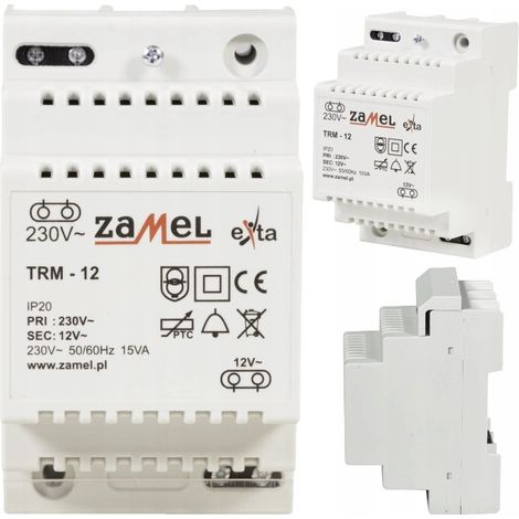 Transformateur modulaire TRM-12 12V/230V 15VA – Protection surcharge – Montage sur rail TH35 – Alimentation sécurisée pour systèmes électroniques – Zamel (1/5)