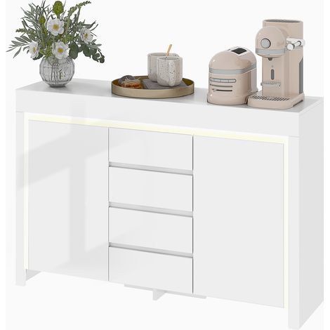 Buffet salon LED 4 tiroirs portes fermeture douce blanc brillant 120 x 34 x 80 cm
