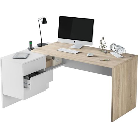 Habitdesign Modèle Office Bureau avec tiroir, finition blanche « Artik » et chêne canadien, dimensions : 145 x 102 x 73 cm (l x P x H). (1/5)