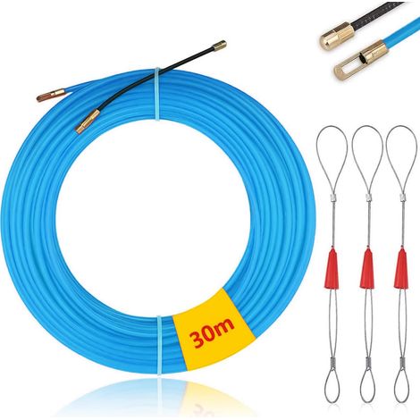 30M Tire Fils Electrique Aiguille Nylon, Φ 4mm, avec 3 Tête Flexible de Guidage, Electricien Tire Fil Aiguille Passe Cable, Enfileur Fils électrique, Câble de Fil Électrique Tirant -Bleu (1/5)