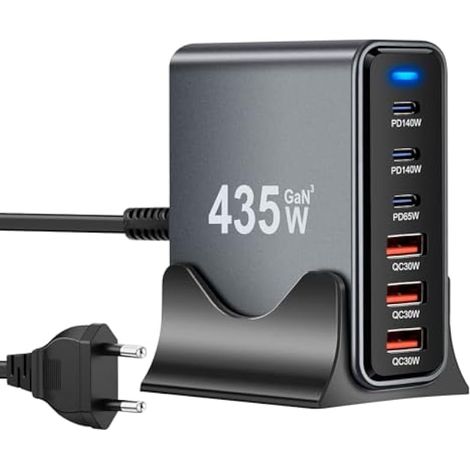Chargeur rapide USB 435 W à 6 ports pour MacBook Pro/Air, iPad Pro/Air et Samsung, noir (1/5)