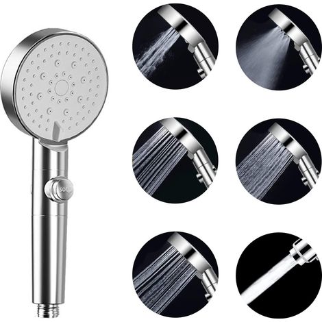 Pommeau de Douche à Main Haute Pression à 5 Modes avec Interrupteur de Pause Marche/Arrêt, Pommeau de Douche, Buses Anti-obstruction, Pulvérisateur de Pommeau de Douche à Main (Argent) (1/5)