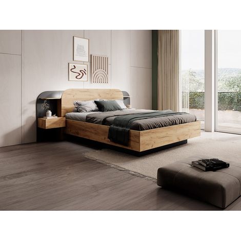 Lit coffre avec chevets 160 x 200 cm - Avec LEDs - Coloris : Naturel et noir - JUVISIA (1/4)