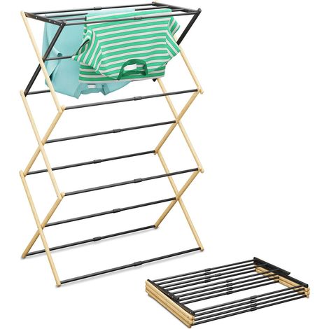 Tendedero Relaxdays, plegable, extensible, 11 barras, HxBxT: 107 x 43-74 x 37 cm, bambú y metal, natural/negro