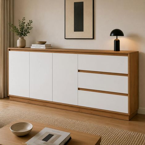 Buffet 3 portes 3 tiroirs décor bois et blanc ALVA (1/5)
