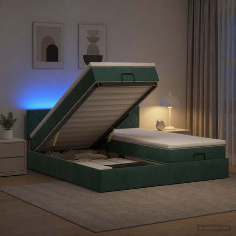 vidaXL Lit coffre avec matelas et LED Vert foncé 200 x 200 cm Velours (1/5)