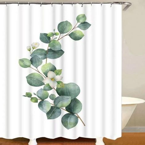 Rideau de douche lavable en machine, adapté à la maison avec 12 crochets, en tissu, feuille verte blanche, à l'hôtel,(72" X 72") (1/5)