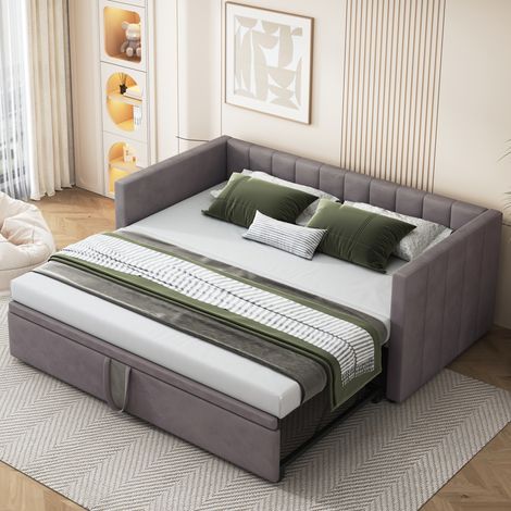 Schlafsofa Samtstoff Grau 90x200/180x200 cm mit ausziehbarem Bettrahmen und Lattenrost