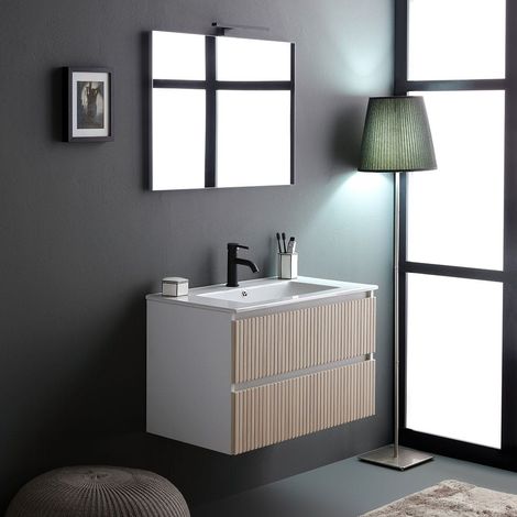 Meuble De Salle De Bains Suspendu Cannelé 100Cm 2 Tiroirs Et Miroir 100X60 Bilbao
