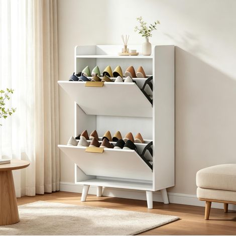 Zapatero estrecho con 2 puertas abatibles, 70x30x120 cm, hasta 12 pares, blanco HAVRYA (1/5)
