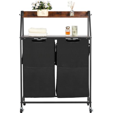 VEVOR Cesto Portabiancheria a 2 Ripiani, Cesto Portabiancheria con Ruote a 2 Scomparti, Separatore per Biancheria, Piano Superiore in Legno, Sacchetti in Tessuto Oxford 600D da Lavanderia, Bagno (1/5)