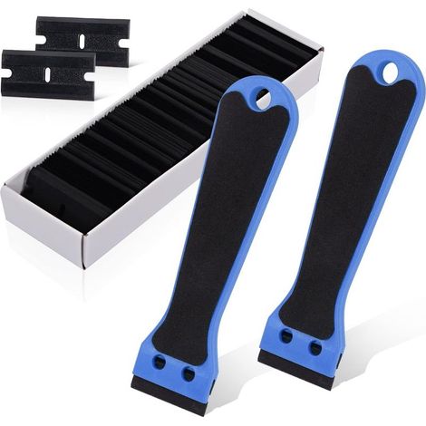 2 Grattoir Plastique avec 100 raclettes, Long Manche Grattoirs, pour Enlever les étiquettes, a colle, la peintureAutocollants et décalcomanies,bleu (1/5)