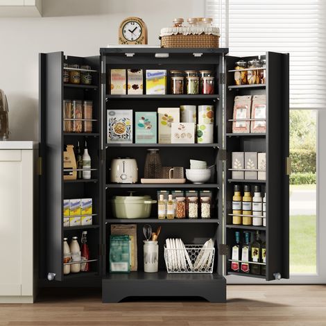 Meuble de cuisine avec éclairage LED à capteur et étagère à épices, grand meuble double porte avec étagères réglables et design de porte moderne – noir, 120 x 60,5 x 40 cm (1/5)