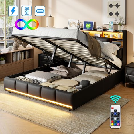 Lit coffre 140x200 cm Lit double Lit avec tête de lit et sommier à lattes lumière LED et port USB Lit rembourré matériau en cuir PU - Noir
