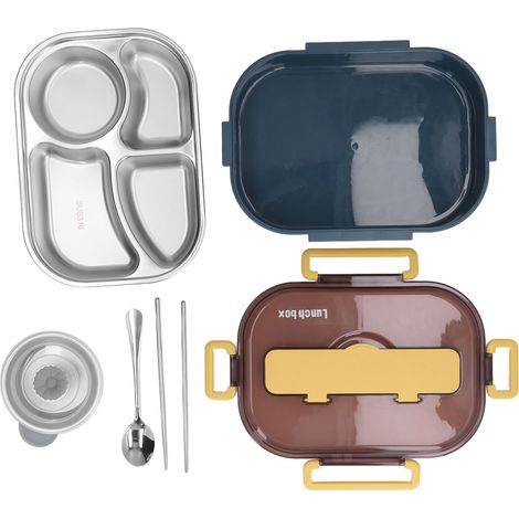Edelstahl-Lunchbox für Büroangestellte, Schüler, Kinder, Kantinenbox mit Fächern, isoliert (blau-gelbe Lunchbox mit vier Fächern, Suppenschüssel, Einzel-Lunchbox) (1/5)