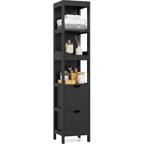 COSTWAY Mobiletto Alto e Stretto Salvaspazio,Legno,2 Cassetti 3 Ripiani,30,5x30,5x145cm,Nero (1/5)