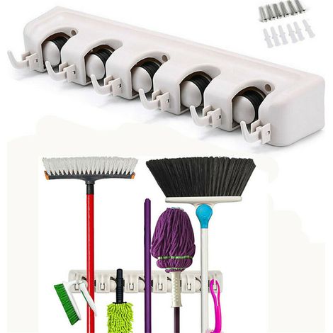 Support Mop - Support Balai - 5 Logements À Billes + 6 Crochets - Fixation Murale - Pour Rangement Intérieur - Lot De 1 (1/5)