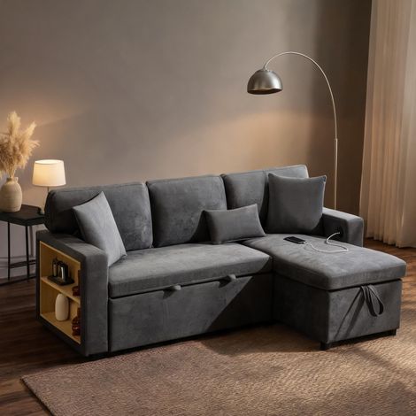Canapé d'angle convertible avec rangement tissu Oxford gris (1/5)