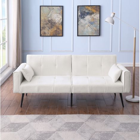Divano letto da 3 posti in tessuto con struttura in legno e piedini in metallo, beige (1/5)