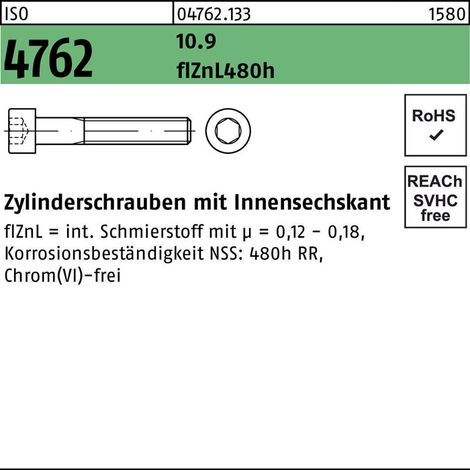 ISO 4762 Zylinderkopf-Schaftschraube 10.9 M 10 x 25 flZnL/nc/x/x/480h/C flZn 100 Stk