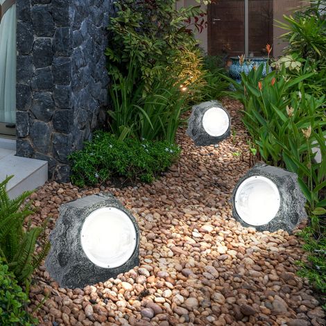 Gartendeko Lampen Steinoptik Solarlampen für Außen Garten LED Terrassen Dekoration Solar, Kunststoff grau, 2x LED 3000K, LxBxH 16,5x12,3x10,5 cm, 3er Set