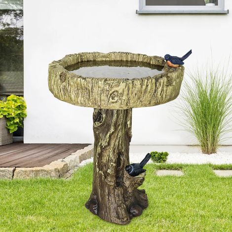 Vogelbad aus Beton in Holzoptik mit dekorativem Kunstvogel, Höhe 62 cm x Durchmesser 46 cm (1/5)
