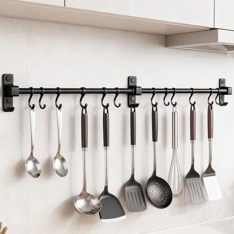 Barre d'ustensiles suspension 80 cm, aluminium Porte-Ustensiles mural avec 12 crochets, noir support mural cuisine, patère de cuisine, pour cuisines, salles de bains et couloirs