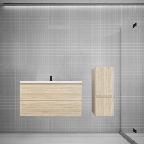 Aica Ensemble meuble vasque L.99cm chêne 2 tiroirs + colonne + lavabo