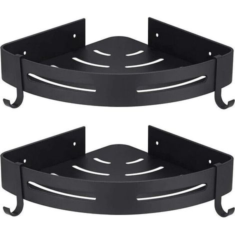 Aiperq Tigrezy Corner Shower Shelf, Black, No Drilling Required, Bathroom Storage, Shower Accessory, Shower Soap Holder, Rustproof Aluminum, Set of 2 with Hooks