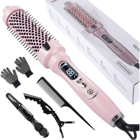 Brosse Chauffante Céramique, 38 mm Brosse Thermique 3 in 1, LCD 100-210 °C,Lissage, Boucles Souples, Volume, Design Ionique Anti-Frisottis,5 Réglages de Température,Chauffage Rapide (Rose) (1/5)